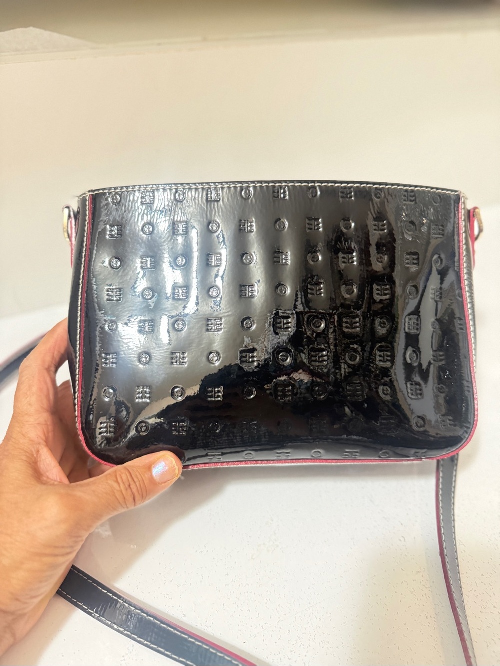 Arcadia Black Patent Crossbody with Red. embossed design - Picture 2 of 15
